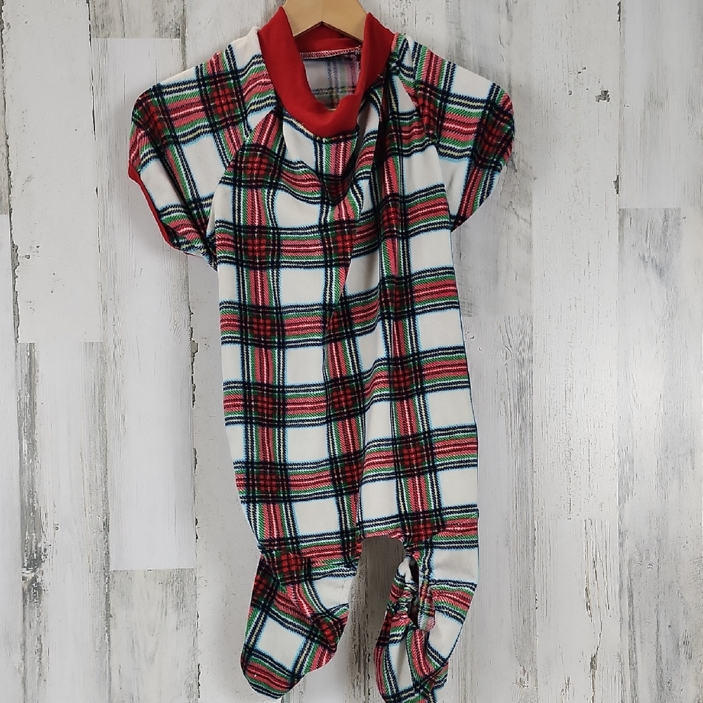Target dog fleece white red green plaid sweater coat pajamas Size Large